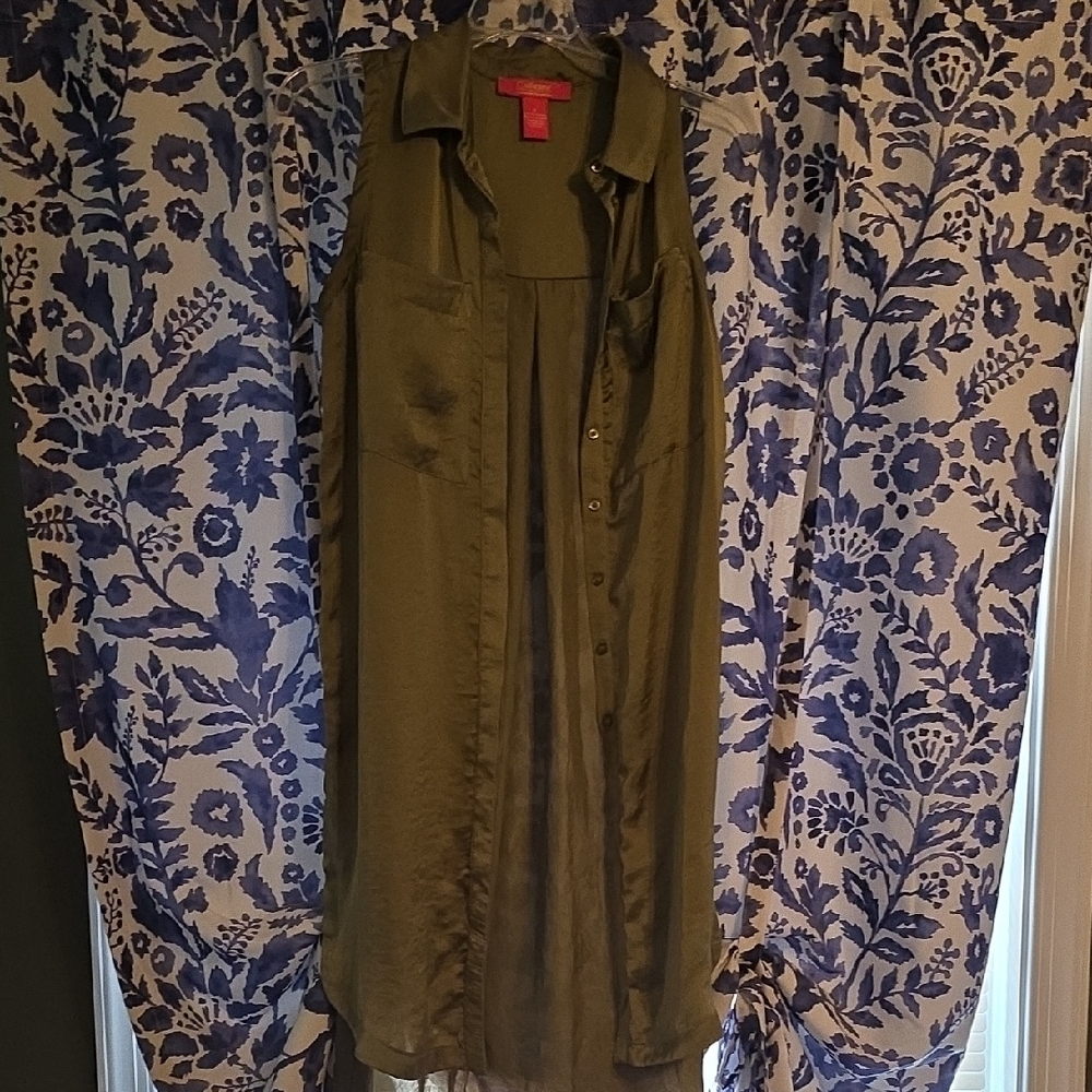 Catherine Malandrino Khaki Green Button-Front Duster In Satin